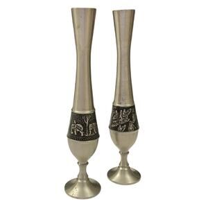 Pewter Single Stem Vase Thailand Bud Vases  Silver Elephant Engraved Jungle pair